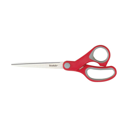 A Scotch™ Comfort Scissors by 3M Deutschland GmbH with red and gray plastic handles and stainless steel blades, depicted against a white background.