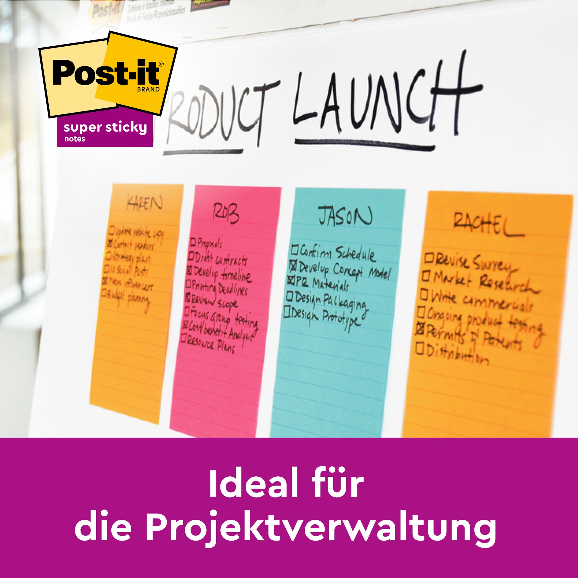 Ein Whiteboard zeigt einen "Product Launch"-Plan mit farbcodierten Post-it® Super Sticky Notes im Großformat, Ultra Gelb, 3M Deutschland GmbH; jede Notiz listet Aufgaben für Karen, Rob, Jason und Rachel auf. Deutscher Text: "Ideal für die Projektverwaltung.