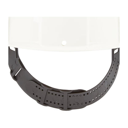 A close-up of the 3M™ G3000C Uvicator safety helmet from 3M Deutschland GmbH shows a black plastic headband with size-adjustable holes and a ratchet, emphasizing the focus on occupational safety.