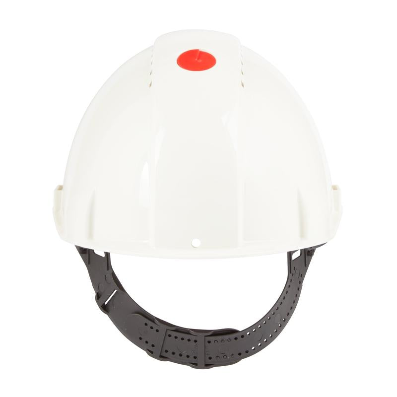 The 3M™ Safety Helmet G3000C Uvicator from 3M Deutschland GmbH is a white safety helmet with a black, adjustable chin strap and a red Uvicator button, depicted on a plain white background. Ideal for occupational safety requirements.