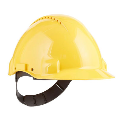 The 3M™ G3000C Uvicator safety helmet from 3M Deutschland GmbH is a yellow safety helmet with a black ratchet adjustment and integrated Uvicator sensor, designed for optimal occupational safety, depicted on a white background.
