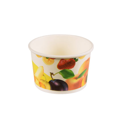 The Starpak 50 ice cream cup, round cardboard from Starpak is a small, environmentally friendly disposable ice cream cup with fruit prints - including strawberry, banana, plum, and peach - on a white background.