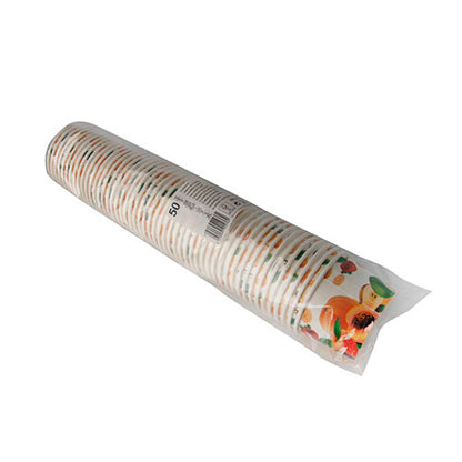 A sealed plastic package with 50 Starpak ice cream cups, round cardboard from Starpak, with a stack of round disposable cardboard cups with fruit motifs, depicted lying on their side against a plain white background.