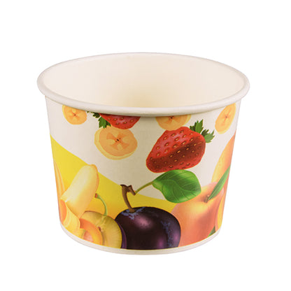 A Starpak 50 ice cream cup, round cardboard, disposable cup from Starpak, decorated with colorful pictures of strawberries, bananas, peaches, plums, and oranges. The environmentally friendly white cup is empty and stands on a plain white background.