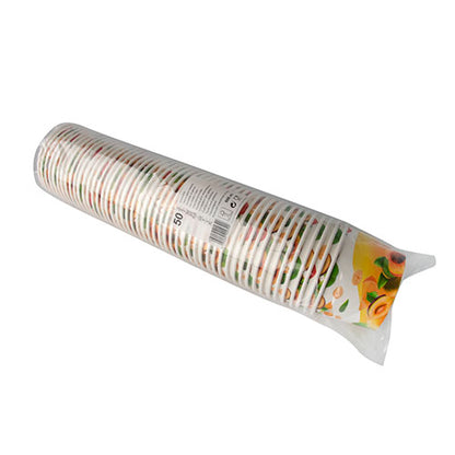 The Starpak 50 ice cream cups, round cardboard are disposable cardboard cups in sealed packaging, each with colorful fruit design - ideal as disposable ice cream cups. Brand: Starpak.