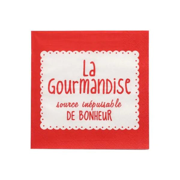 The PAPSTAR 20 napkins, 33x33 cm, 3-ply, 1/4-fold in red from PAPSTAR GmbH have a white center, wave edges, and a French text: "La Gourmandise, source inépuisable de bonheur."