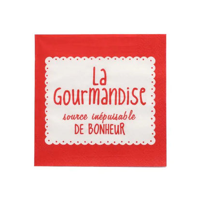 The PAPSTAR 20 napkins, 33x33 cm, 3-ply, 1/4-fold in red from PAPSTAR GmbH have a white center, wave edges, and a French text: "La Gourmandise, source inépuisable de bonheur."
