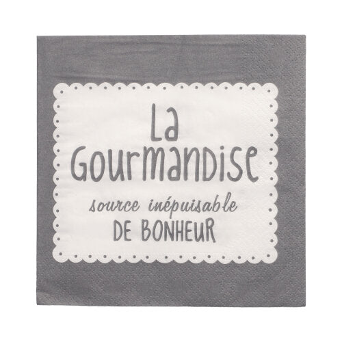 Gray 3-ply PAPSTAR napkin (33x33 cm, 1/4 folded) with a white rectangle and the French text "La Gourmandise source inépuisable de bonheur". Brand: PAPSTAR GmbH. Pack of 20 pieces.