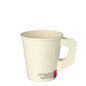 A white disposable cup (0.18 l, Ø 7.3 cm x 7.8 cm) made of Starpak paper with a rectangular handle on the side and small black-red text at the bottom; the set contains 25 cups. The background is white.