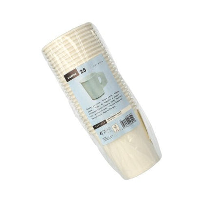 A stack of 25 white Starpak disposable paper cups (each 0.18 l, Ø 7.3 cm, 7.8 cm high) with handles, wrapped in transparent foil, labeled with the Starpak logo and product details.