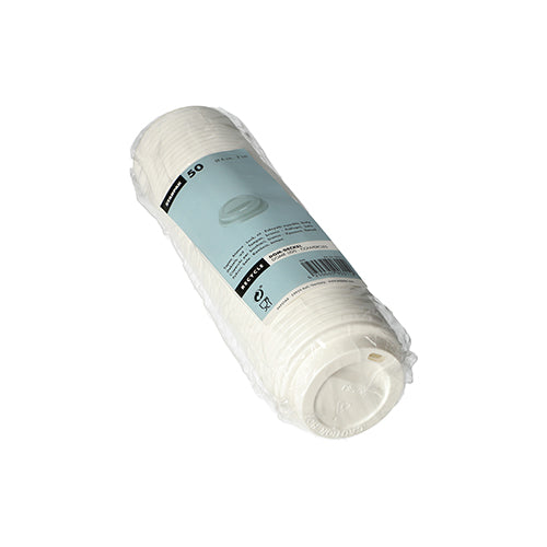 Pictured is a plastic-wrapped pack with 50 white Starpak 50 Dom-Lid PS "To Go" lids (round, Ø6 cm, 2 cm) with a blue Starpak label on a white background - ideal for to-go packaging.