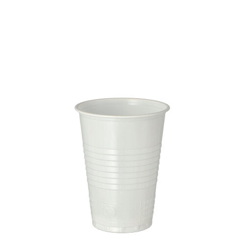 A Starpak 100 drinking cup made of white polystyrene (PS), 0.18 l capacity, Ø 7.03 cm × 9.1 cm, stands upright with a slightly flared rim and horizontal grooves; vending machine compatible for convenient use. Pack of 100 pieces.
