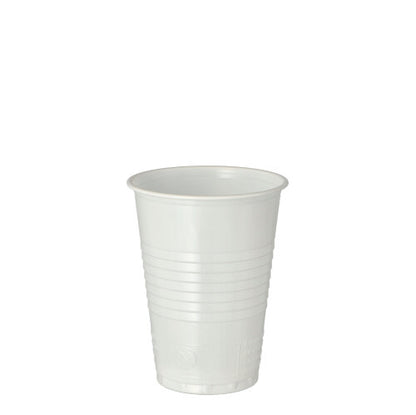 A Starpak 100 drinking cup made of white polystyrene (PS), 0.18 l capacity, Ø 7.03 cm × 9.1 cm, stands upright with a slightly flared rim and horizontal grooves; vending machine compatible for convenient use. Pack of 100 pieces.