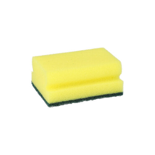 A rectangular yellow/green scrubbing sponge by Starpak with a grip groove, size 4.1 x 9.5 x 6.8 cm, from the set 'Starpak 6 Pot Cleaners', depicted on a white background.