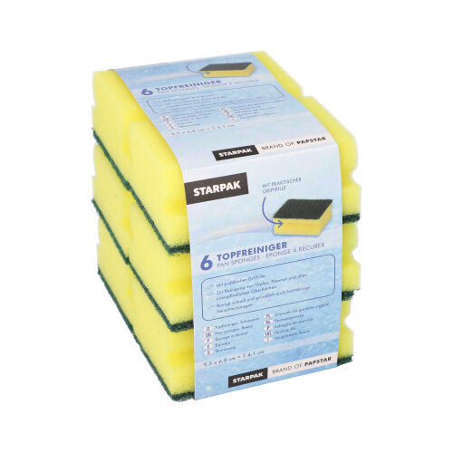 A pack of six rectangular yellow/green pot cleaner sponges by Starpak with a grip groove (4.1 x 9.5 x 6.8 cm, scratch-resistant), stacked in a transparent package with a blue band containing product information.