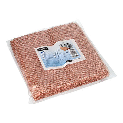 A pack of 10 Starpak copper cloths (25 x 25 cm) is delivered in a transparent plastic bag with a blue and white label containing cleaning instructions and information about the cleaning agent. Brand: Starpak.