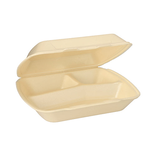 A beige, rectangular Starpak menu box with a hinged lid (XPS, 3-compartment, 7.5 x 24.3 x 20.8 cm) is open and empty, showing three compartments inside.