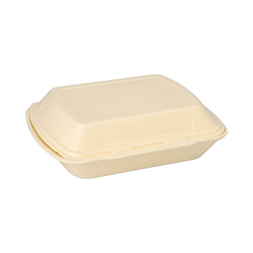 A closed, beige Starpak menu box with a hinged lid made of XPS, 3-compartment (7.5 x 24.3 x 20.8 cm), for the catering industry, is seen against a white background.