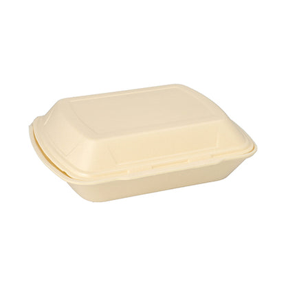 A closed, beige Starpak menu box with a hinged lid made of XPS, 3-compartment (7.5 x 24.3 x 20.8 cm), for the catering industry, is seen against a white background.