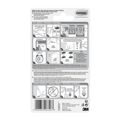 Auf der Rückseite der Command™ Bilder-Montage Strips S, klein, schwarz, 17202BLK von 3M Deutschland GmbH finden Sie eine bebilderte Schritt-für-Schritt-Anleitung zum Anbringen und Entfernen, Gewichtsgrenzen und mehrsprachige Produktinformationen zum einfachen Aufhängen von Bildern ohne Nägel.