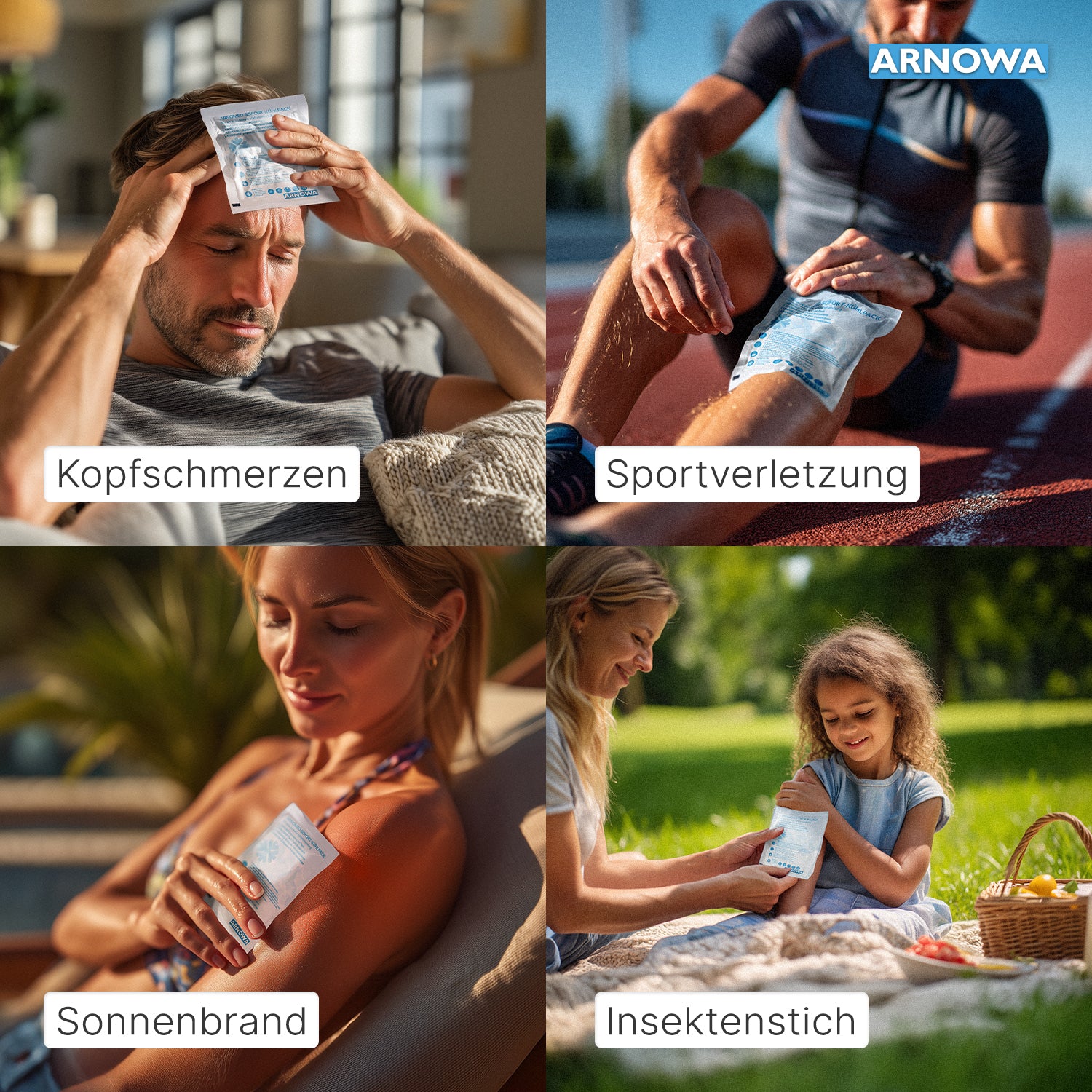 Vier Bilder zeigen Menschen, die ARNOMED SOFORTKÄLTEKOMPRESSE Sofort Kühlkompressen der ARNOWA GmbH bei Kopfschmerzen, Sportverletzungen, Sonnenbrand und Insektenstichen anwenden - jeweils in deutscher Sprache beschriftet.