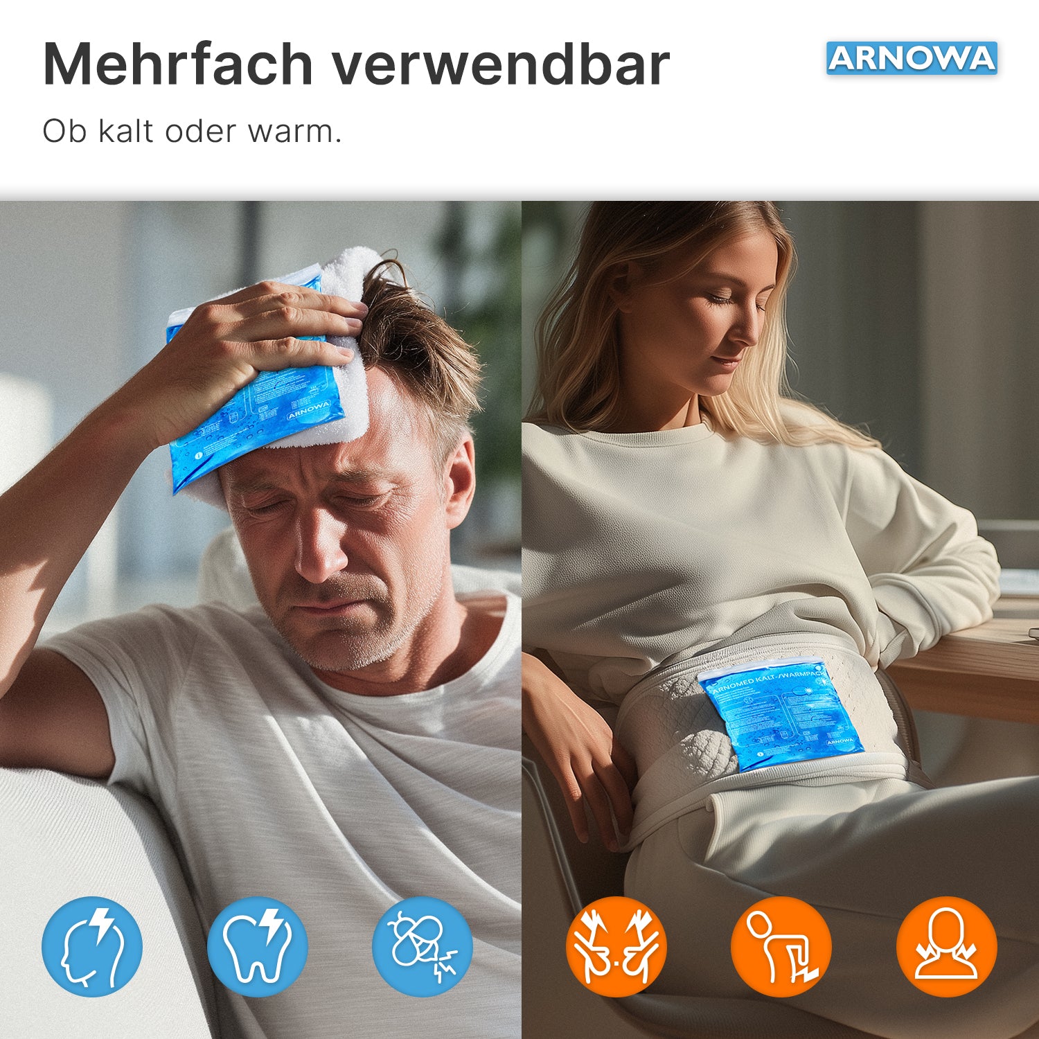 Geteiltes Bild: Links, ein Mann hält die ARNOMED KALT-/WARMPACK von ARNOWA GmbH an die Stirn. Rechts legt eine Frau sie auf den Bauch. Icons zeigen vielseitige Anwendung bei Schmerzen. Die Texte sind auf Deutsch.