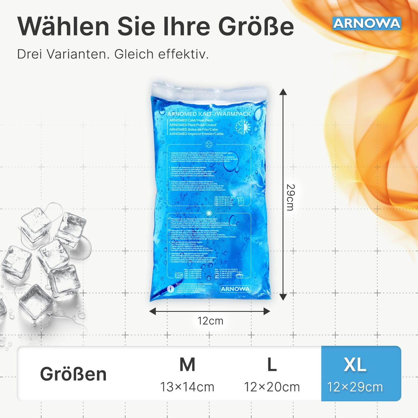 In der Mitte ist ein ARNOMED KALT-/WARMPACK von ARNOWA GmbH (12 x 29 cm, blau) mit den Größen M, L und XL darunter. Links sind Eiswürfel, rechts orange und gelbe Formen - perfekt für wiederverwendbare Schmerzlinderung.