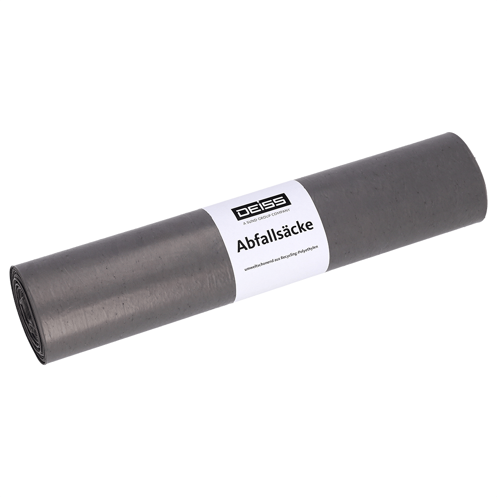 Pictured is a DEISS 94030 garbage bag roll (340+300x740x0.05 mm, gray, 25 pieces) from EMIL DEISS KG (GmbH + Co.) with a white label with the inscription "DEISS garbage bags" on a solid white background.