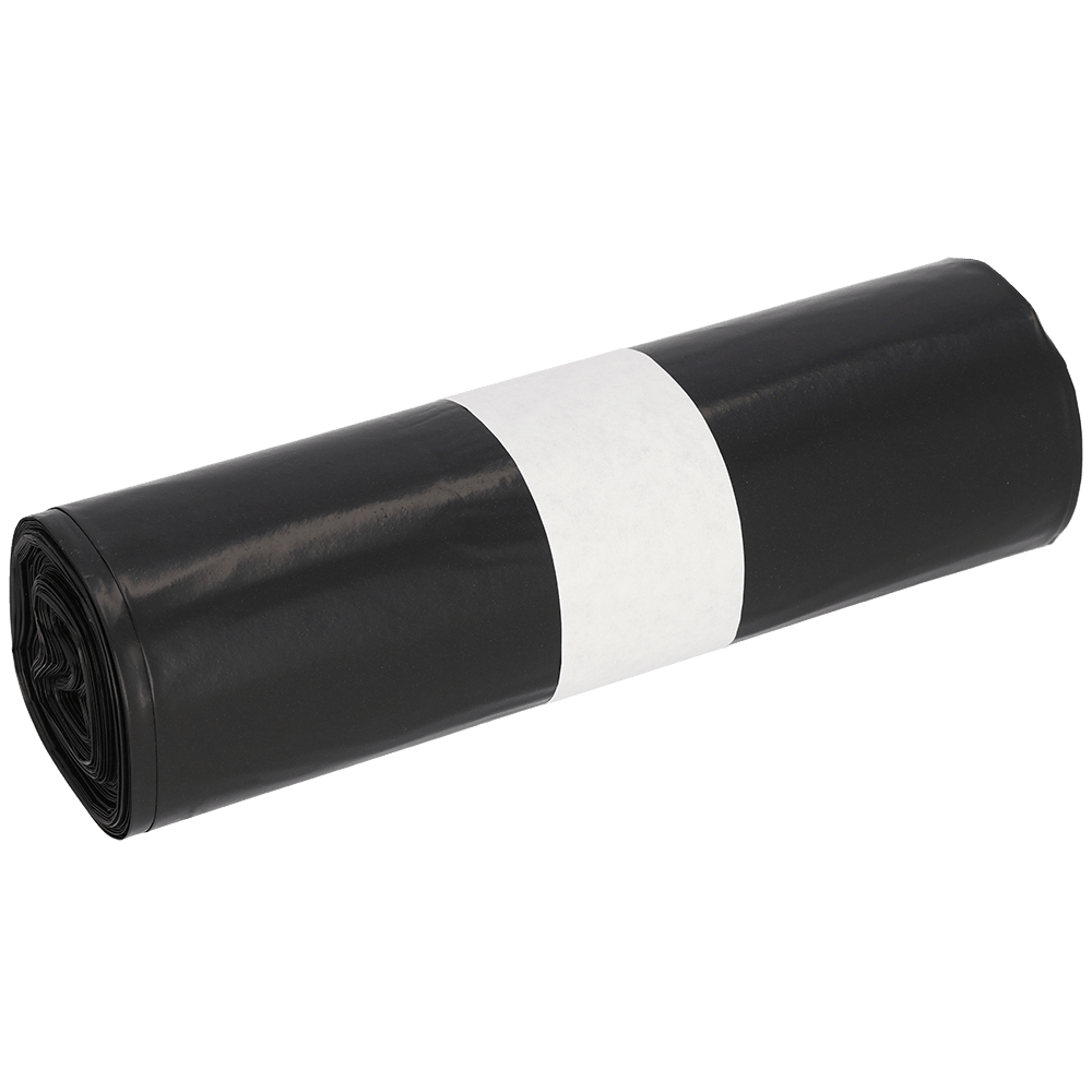 Pictured is a roll of EMIL DEISS KG (GmbH + Co.) DEISS 95005 trash bags, 200+180x540 mm Type 70 black (25 pieces), secured with a simple white paper band, on a white background.