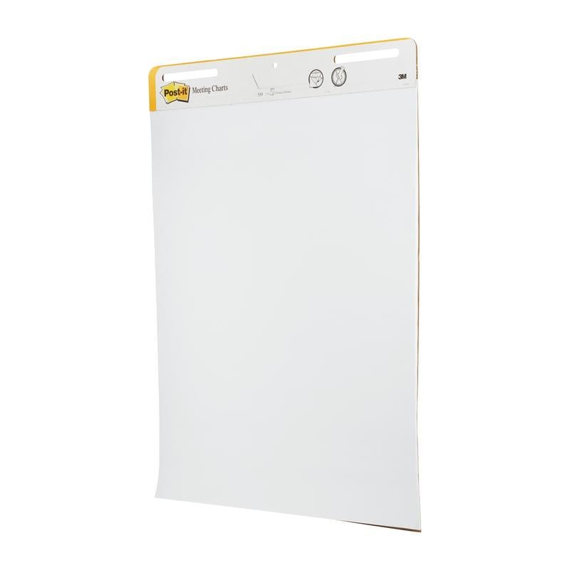 A 3M Post-it® Super Sticky self-adhesive Meeting Chart/Flipchart for wall mounting 559, White, 63.5x76.2cm, 30 sheets per pad, 2 pads (100% PEFC), with carrying handles and branding in the header - ideal for presentations.