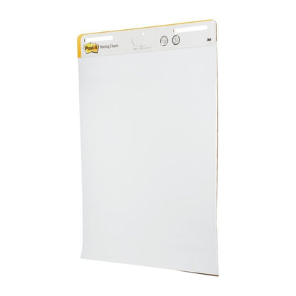 A 3M Post-it® Super Sticky self-adhesive Meeting Chart/Flipchart for wall mounting 559, White, 63.5x76.2cm, 30 sheets per pad, 2 pads (100% PEFC), with carrying handles and branding in the header - ideal for presentations.