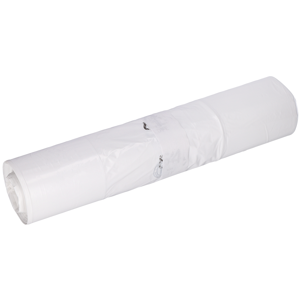 A rolled-up EMIL DEISS KG garbage bag (DEISS 96030 - 400+200x700x0.035 mm white, roll with 50 pieces) is attached with transparent tape and a small metal key ring against a plain white background.