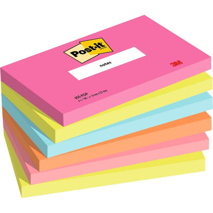 A six-pack of 3M Post-it® Notes (76 x 127 mm, 100 sheets/pad, 100% PEFC) with pads in pink, yellow, blue, and orange; the top pad is pink with a "Post-it" label. From 3M Deutschland GmbH.