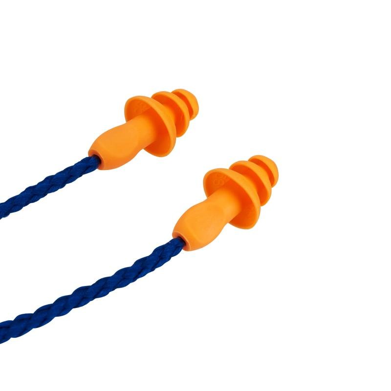Pictured is a pair of orange 3M™ Earplugs with Cord 1271 (Triple-Flange Design, reusable, SNR 26 dB) from 3M Deutschland GmbH, connected by a blue cord against a white background.