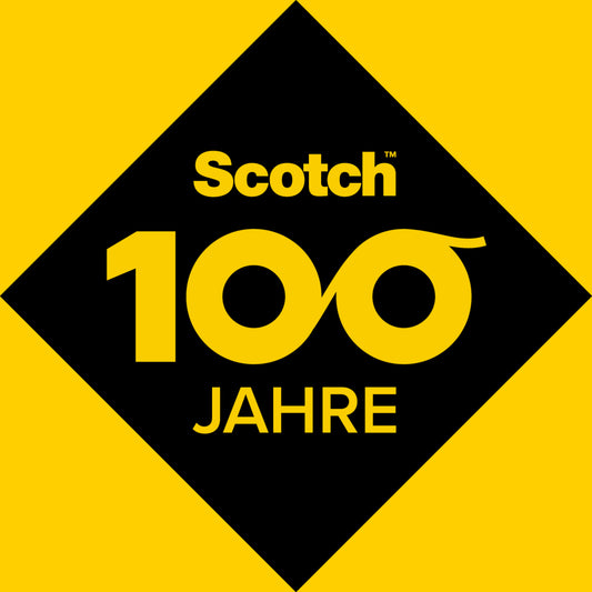 Eine schwarze Raute auf Gelb zeigt "Scotch 100 Jahre" in Gelb, mit Nullen als Unendlichkeitszeichen - und feiert das Scotch® Transparentes Klebeband 550, 19 mm x 66 m, Packung mit 8 Rollen, der 3M Deutschland GmbH, in seinem ikonischen Design.