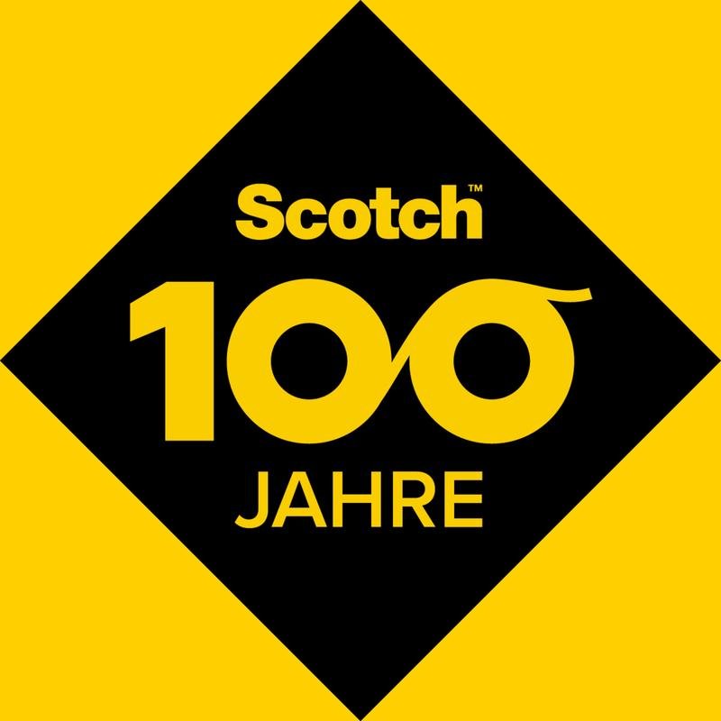 A black diamond with yellow "Scotch 100 YEARS" lettering marks the hundredth anniversary of Scotch, with a stylized 100 - ideal for fans of Scotch™ desktop dispenser C60 and Scotch® Crystal Tape (10 rolls, 19 mm x 33 m) from 3M Deutschland GmbH.