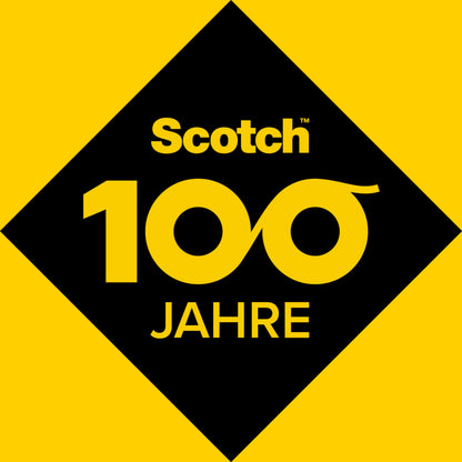 Auf einem schwarzen rautenförmigen Hintergrund mit gelber Schrift steht "Scotch 100 Jahre" und feiert die Scotch™ Cushion Lock™ Schutzverpackung, 30,4 cm x 9,14 m (1 Rolle/Packung), der 3M Deutschland GmbH für den innovativen Schutz empfindlicher Gegenstände.