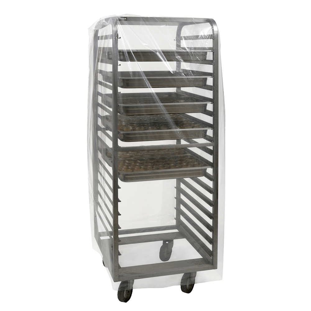 A metal bakery shelf with several compartments is covered by a transparent DEISS 99261 (950+750x1800x0.03 mm) trolley cover from EMIL DEISS KG, which highlights food safety in a simple white.