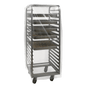 A metal bakery shelf with several compartments is covered by a transparent DEISS 99261 (950+750x1800x0.03 mm) trolley cover from EMIL DEISS KG, which highlights food safety in a simple white.