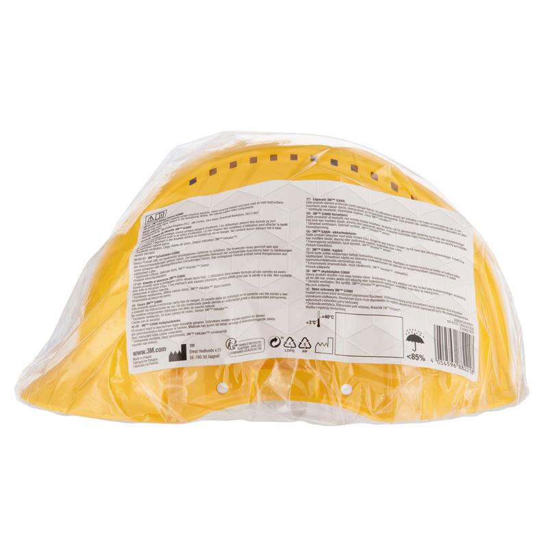 The yellow 3M™ G3000C Uvicator safety helmet from 3M Deutschland GmbH is sealed in transparent plastic, with a white label and black text on the back, to ensure it meets key safety standards. Adjustable fit via ratchet.