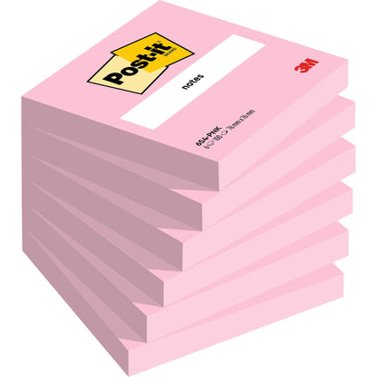 Eine Packung mit sechs rosafarbenen Post-it® Notes (76 x 76 mm, je 100 Blatt, PEFC-zertifiziert) der 3M Deutschland GmbH hat oben ein weißes Etikett mit dem Post-it-Logo, "notes" und dem 3M-Logo in der rechten unteren Ecke.
