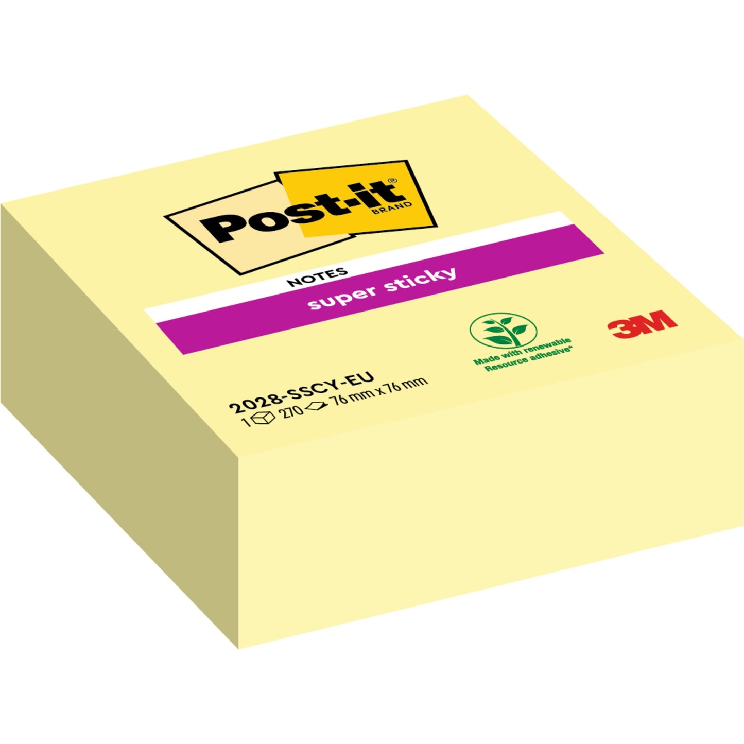 A yellow stack of Post-it® Super Sticky Notes Cube, 76x76mm from 3M Deutschland GmbH, shows the Post-it logo, the "Super Sticky" label, the recycling symbol, the environmental notice, the product code 2028-SSC-Y-EU, and a 3M logo.
