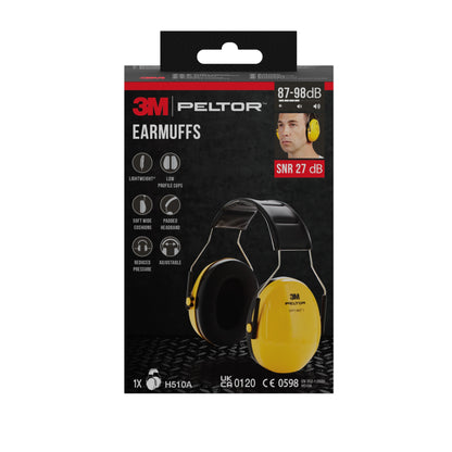 Front view of a box of 3M™ PELTOR™ Optime™ I Ear Muffs H510A, Yellow, SNR value 27 dB (1 piece) from 3M Deutschland GmbH. The packaging shows yellow ear muffs with a black headband and a person wearing them.