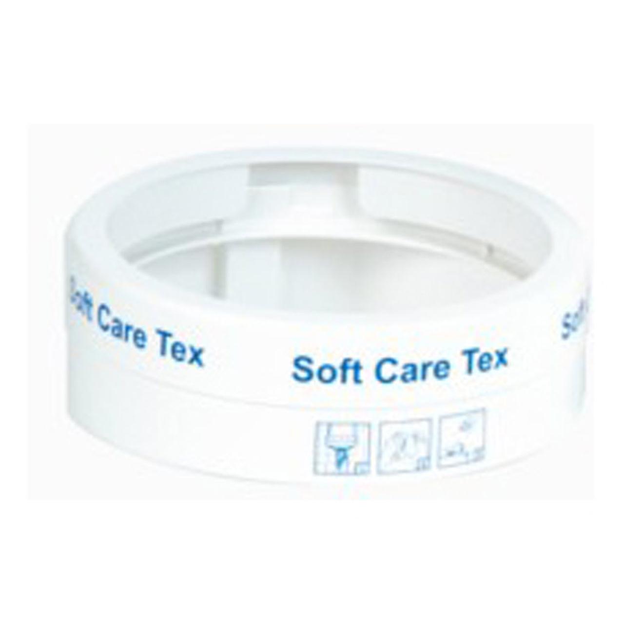 The Diversey Germany Wall Mount Soft Care Tex is a white plastic wall mount for hanging the Soft Care Tex bucket, with blue product labeling, two cleaning symbols on the side, an open middle, and a flat, round design.