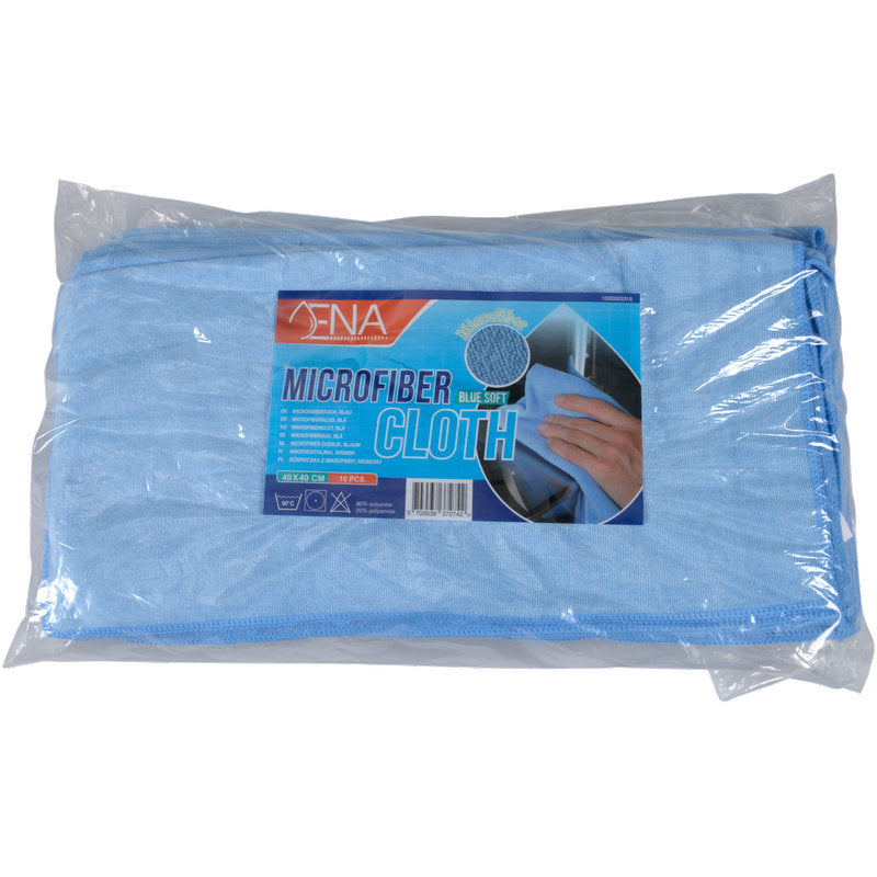 In a transparent plastic packaging, there is a folded blue ENA Soft microfiber cloth (40x40 cm) from Abena Re-Seller GmbH. The label says "Microfiber Cloth" with a picture of hands cleaning, ideal for car care and thorough cleaning.