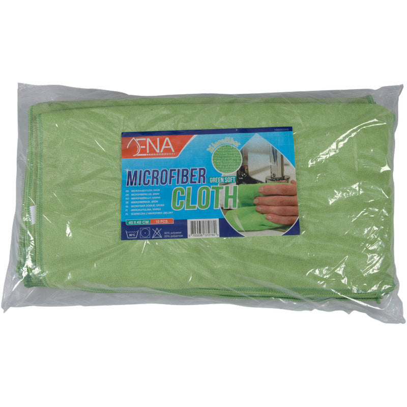 The Abena Re-Seller GmbH ENA Soft microfiber cloth, 40x40 cm, is a green microfiber cloth in clear plastic with a blue-red "Microfiber Cloth" label showing hand cleaning - a perfect choice for cleaning and car care.