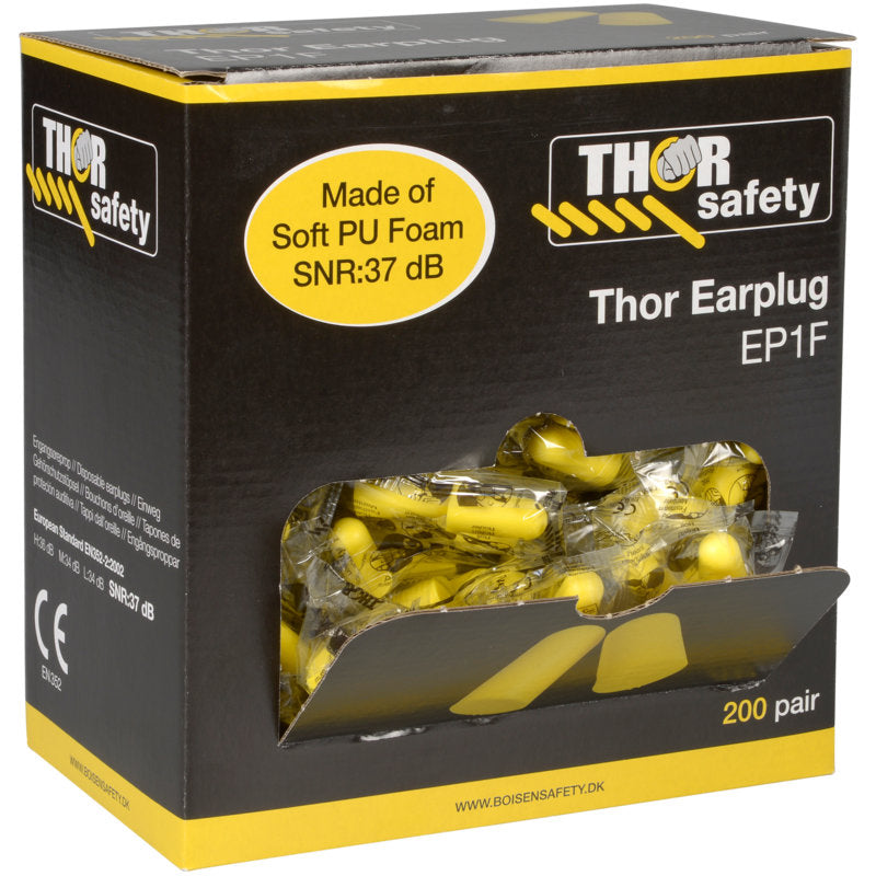 A black-yellow box labeled "Thor Earplugs Pair Pack (811010)" from Abena Re-Seller GmbH contains 200 pairs of yellow earplugs, each individually wrapped. Made from soft PU foam with SNR: 37 dB protection.