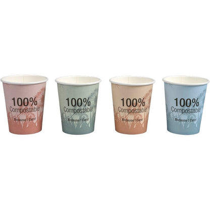 Four pastel-colored coffee cups Compostable "Dandelion" by Abena Re-Seller GmbH with eco-friendly design and the print "100% Compostable Because I Care!" offer stylish, sustainable enjoyment.