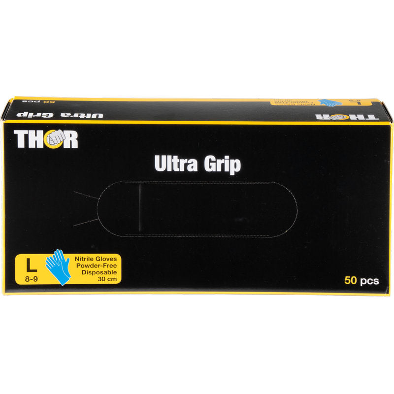 Eine blaue Schachtel Abena Re-Seller GmbH Thor Ultra Grip Long Nitril-Handschuhe, 30 cm, Größe Large (8-9), puderfrei, mit einem Handschuhsymbol und dem Text, dass sich 50 Einweghandschuhe darin befinden.