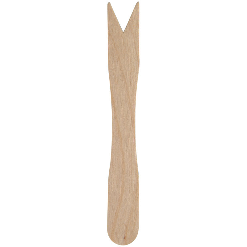 A wooden chip fork from Abena Re-Seller GmbH, 8.5 cm long with a straight handle and forked V-tip, pack of 100 pieces, photographed against a white background.